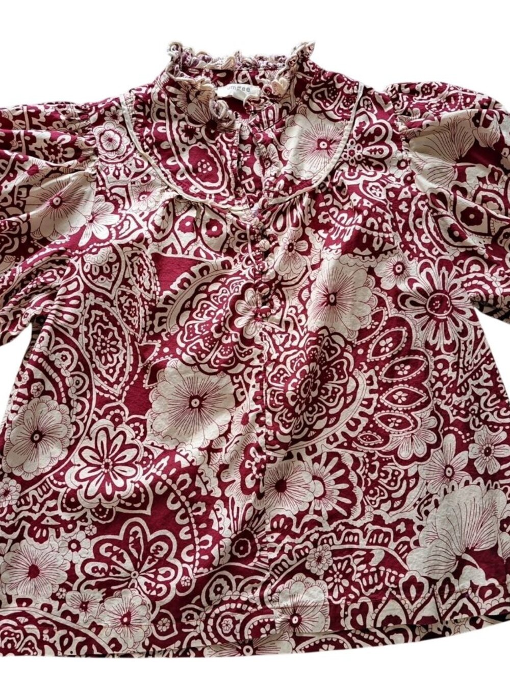 Umgee Burgundy Paisley Floral Print Boho Peasant Blouse Ruffle Sleeves Cotton M - Picture 1 of 9